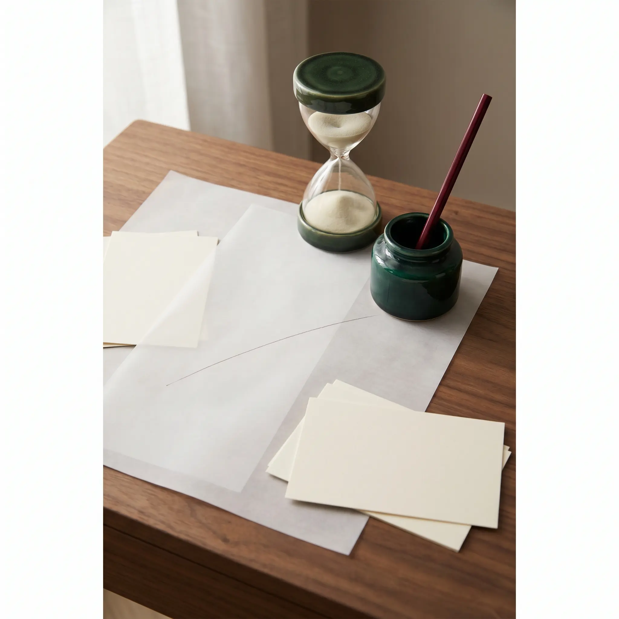 Risoi about page desk with vellum, pencil marks, and a quiet timer