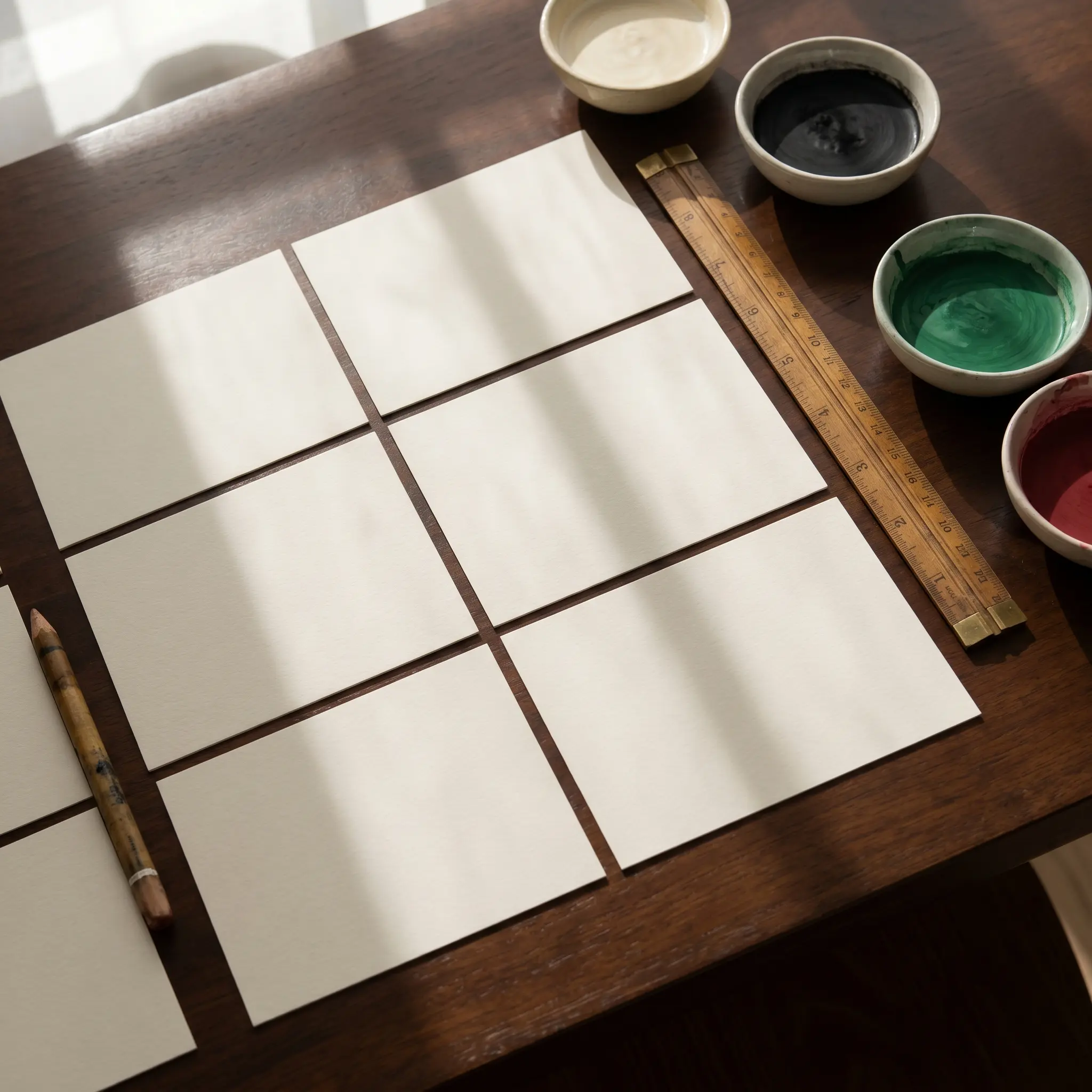 A criteria grid with cards, markers, and measured editorial objects