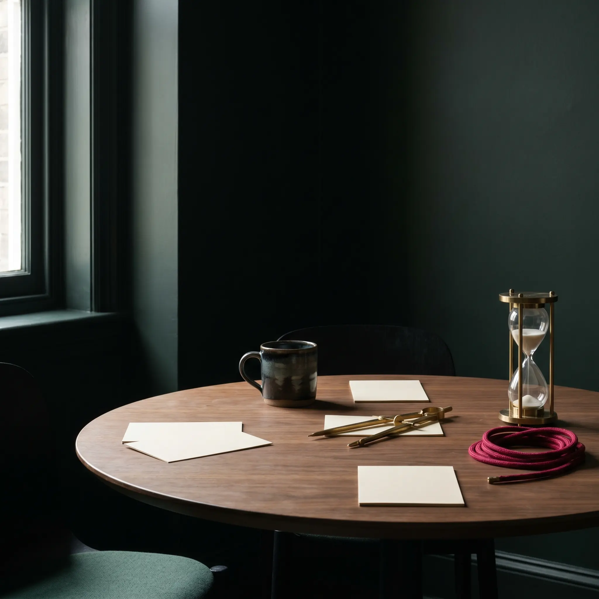 A quiet room table arranged with cards, dividers, and planning objects