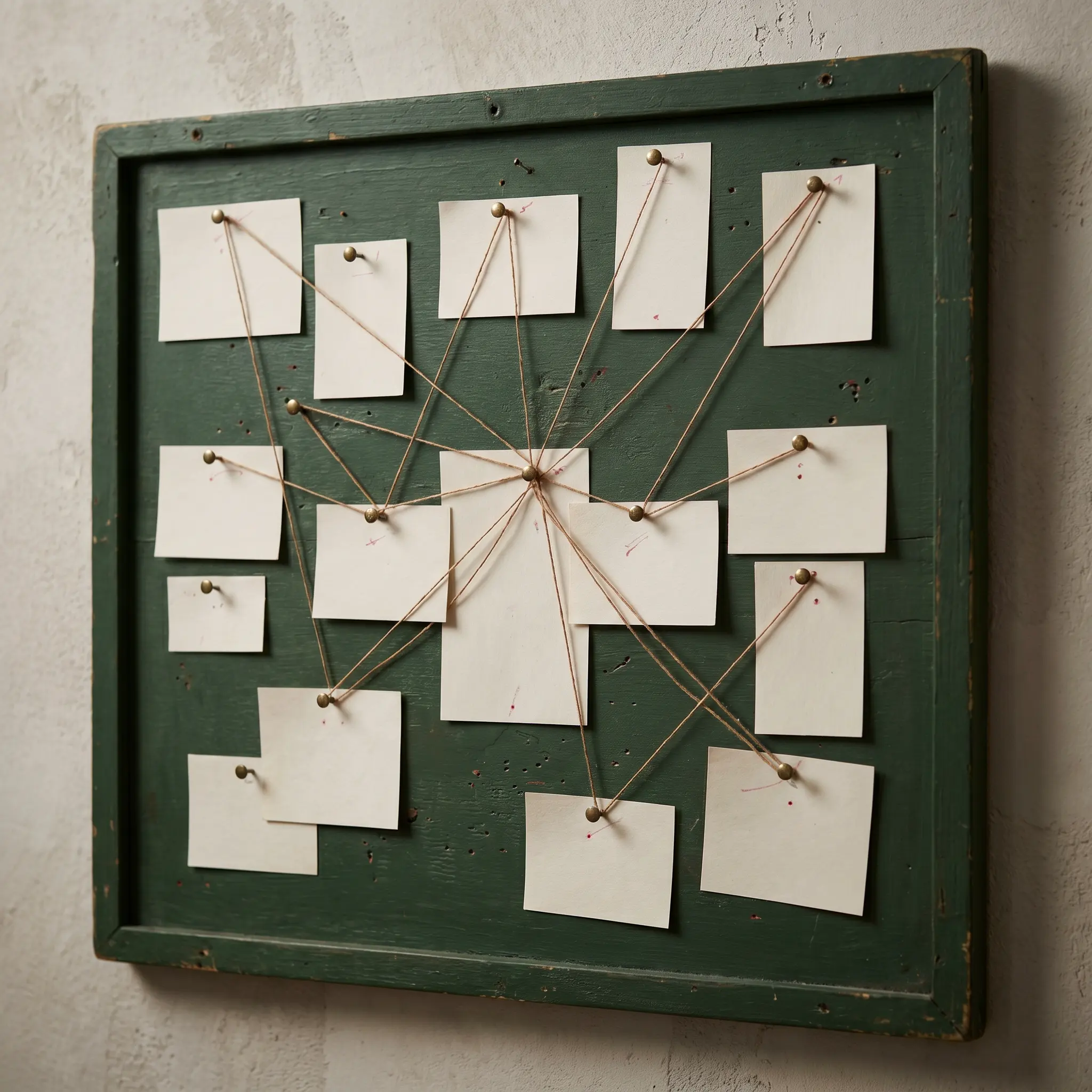 A signal board with threads, cards, and quiet map-room materials